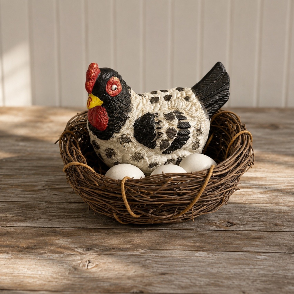Artmark Vintage 1987 Hen on Nest Figurine Ceramic Chicken 3 Eggs Twig Nest Decor